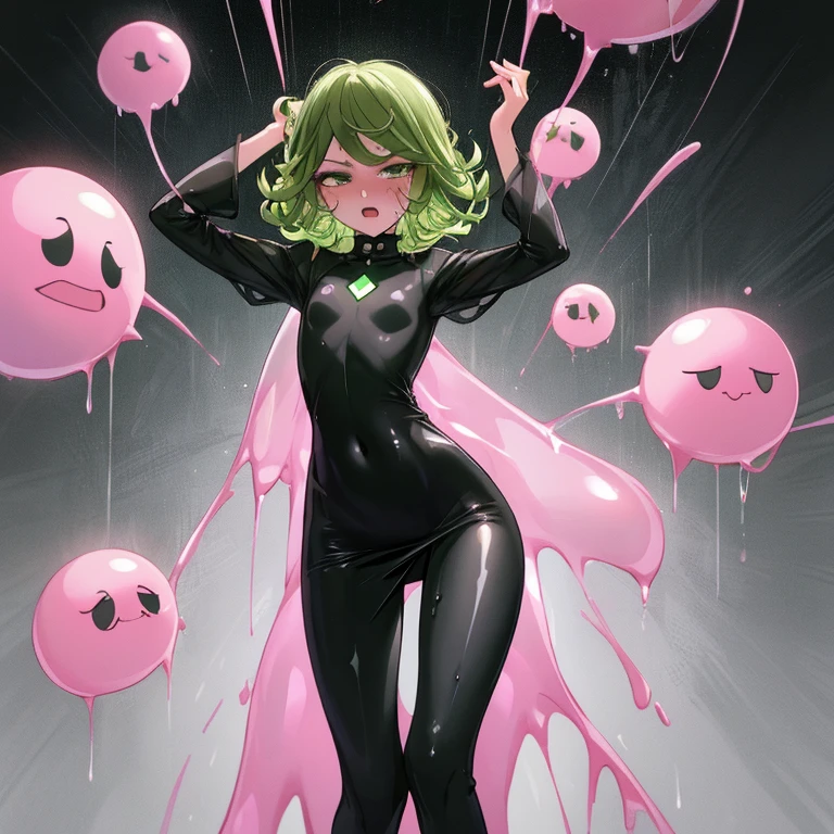 {{{tatsumaki}}}, {one punch man}, 
{{{{amazing quality, great quality, high quality, very aesthetic, aesthetic, best quality}}}}, 
realistic, photo, shadow, Three-dimensional, absurdres, Digital art, 
{{{{Magical girl}}}}, beautiful girl, one girl, 
green hair, shiny hair, green eyes, slanted eyes, big eyes, round eyes, 
{{flat chest}}, {{small breasts}}, {{detailed body}}, slim thighs, thin thighs, 
black tight dress, long skirt, {{side slit skirt}}, {{skirt with pointed hem}}, 
sleeves are wide open, {{{collar up, raise one's collar, dress that opens to the chest}}}, 
black high heels, bare hands, {{{barefoot}}}, don't wear tights, 
No panties, no bra, 
distress, resistance, defeat, inferiority, absurdres, aroused, sexual pleasure, troubled face, shy, 
orgasm, sensitive body, Screaming, Sweat, trembling, torn clothes, wet clothes, wet clothes, transparent clothes, damaged clothes, Completely nude, half-naked, girl gets wet, girl takes a bath, wet hair, girl raises her hands above her head, A girl is immersed up to her waist in cloudy liquid, A girl is covered in cloudy liquid, slime bath, A huge transparent pink slime attacks a girl, A girl wear multiple transparent pink slime, transparent pink slime clings to the girl's body,  transparent pink slime clings to the girl's chest, transparent pink slime caresses a girl's breasts, transparent pink slime clings to the girl's crotch, transparent pink slime caresses the girl's crotch, 