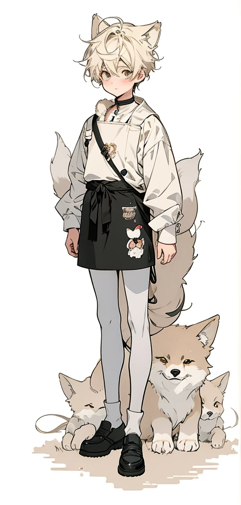 boy with wolf ears and tail, dressed in fashionable clothes, Cafe Apron、full body portrait!, anime Full body illustration, Full body illustration, style anime, Cute style of women's furry mini, Clean and detailed anime style, cute detailed artwork, cute art style, cute anime style, anime style illustration, anime style