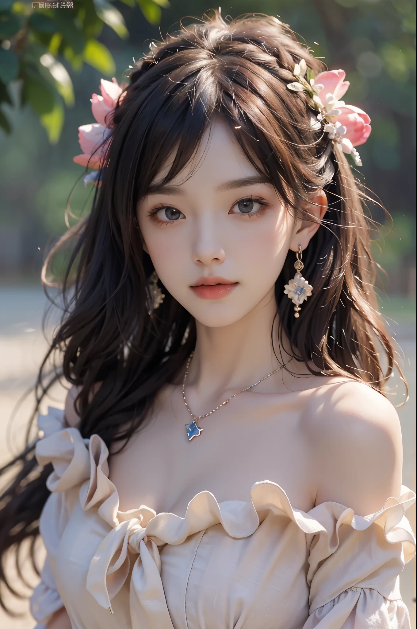 Special clothes34,bare shoulders,shirt,, ((best quality, 8k, masterpiece: 1.3)), ((knee shot)), sexy的亚洲女模特, blush, (seduct smile: 0.8), hair accessories, necklace, Jia, Tyndall effect, actual, light edge, Two-tone lighting, 8k ultra hd, SLR camera, high quality, Volumetric lighting, sneak peek, photo, high resolution, 4K, 8k, background bokeh, earrings, 35mm, High detail hair, broken to pieces, portrait, Ultra-clear face, (lakeside, grassland), slim and beautiful, sexy, slender legs, A plump chest, cleavage, (long hair casual, :1.2), The face is super delicate, exquisite eyes, double eyelids, necklaces, earrings, light and shadow, high detail light and shadow, (flowers, peony, Rose)