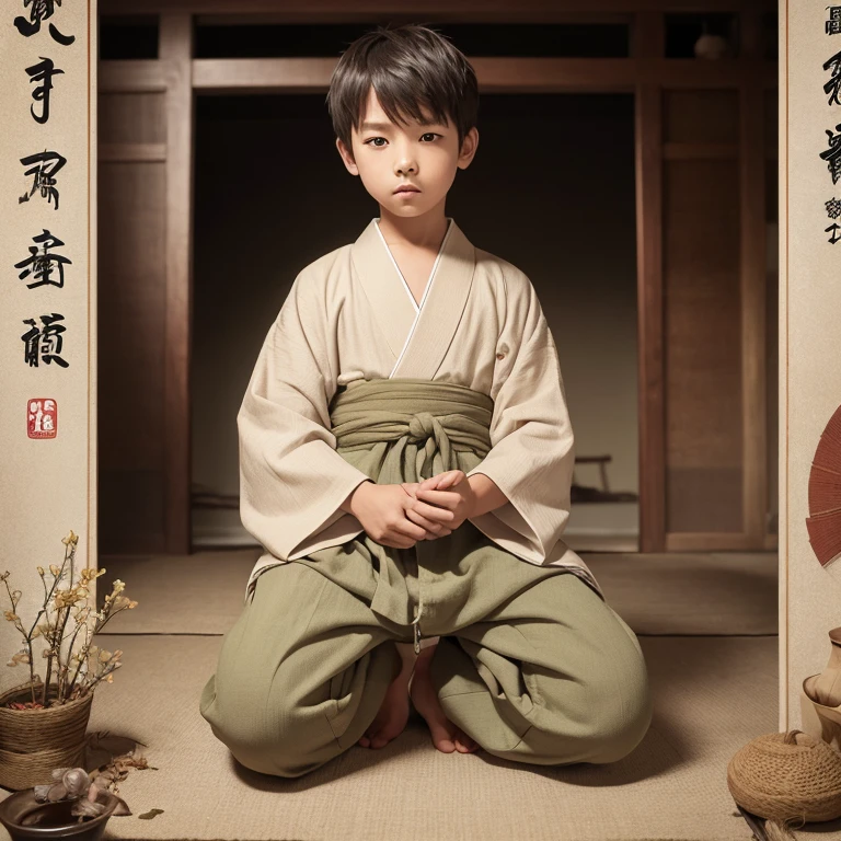 High resolution, Super detailed, masterpiece, highest quality,oriental、boy、ancient japanese peasant clothes、alone、game poster、pants、