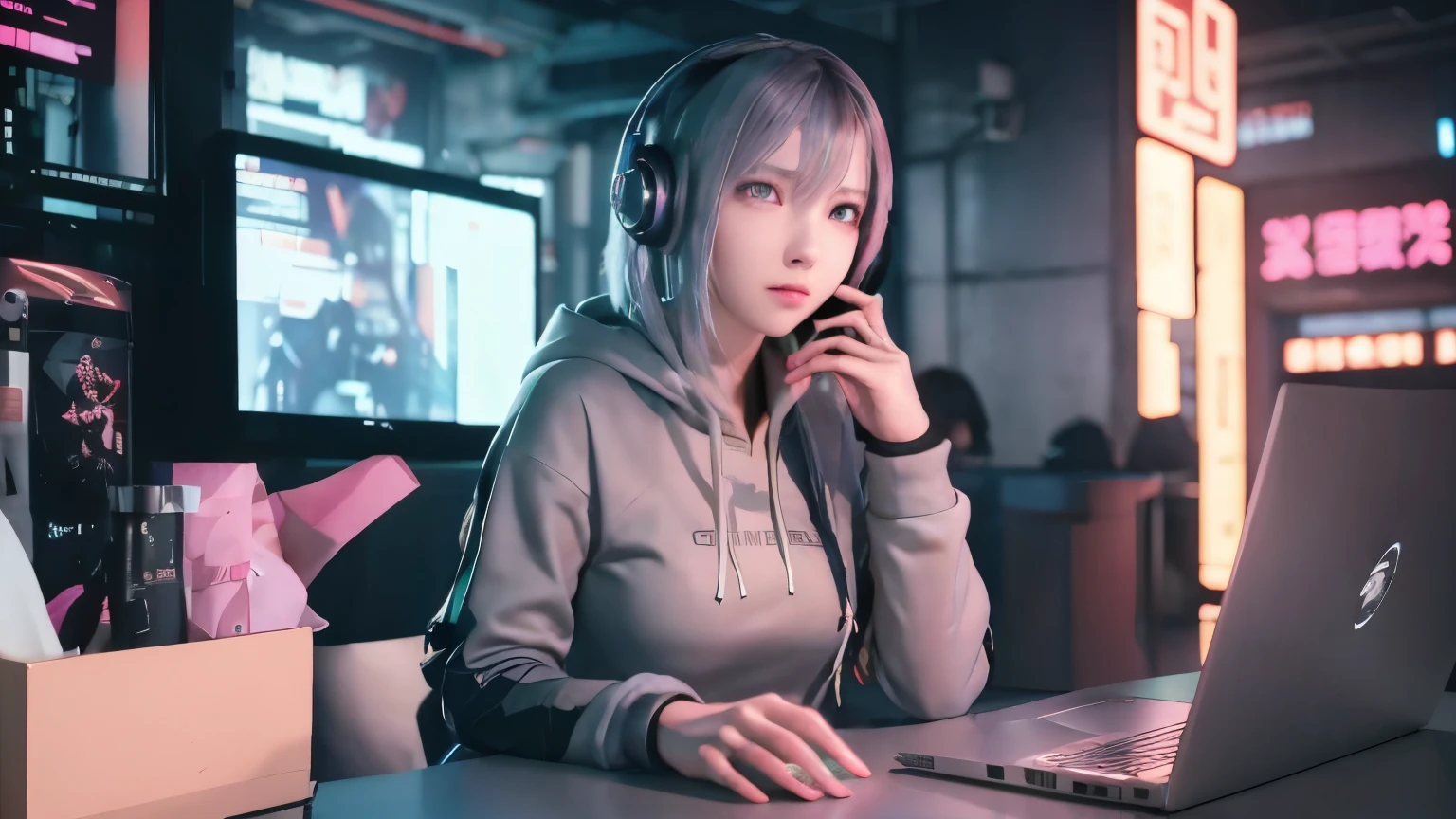 There is a woman sitting at a table with a laptop and headphones, cyberpunk anime girl in hoodie, cyber high school girl, digital cyberpunk anime art, Digital Cyberpunk - Anime Art, cyberpunk anime girl, Realistic anime 3d style, cyber style, anime cyberpunk