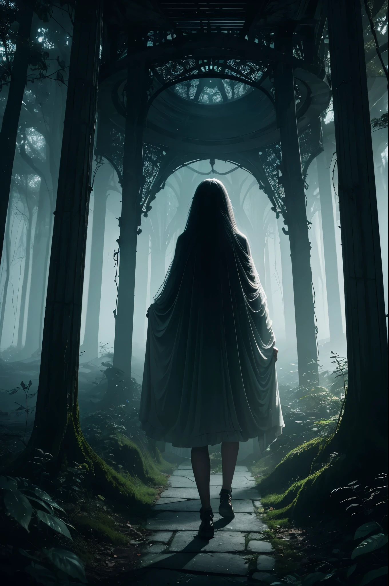 (best quality,4k,8k,highres,masterpiece:1.2),ultra-detailed,(realistic,photorealistic,photo-realistic:1.37),A girl who wanders into an eerie place, a mysterious world in her dreams,dark and surreal,a misty forest filled with ancient trees and twisted vines,an unsettling silence that hangs in the air,shadows that dance and morph,an ethereal glow illuminating the path she walks on,her eyes reflecting curiosity and unease,her long flowing hair,draped in darkness,like a veil of secrets,a strange fog that embraces her,veins of magic pulsating through the ground,whispers echoing in the distance,calling her deeper into the unknown,an abandoned mansion consumed by ivy and time,a door creaking open,beckoning her to step inside,a lone clock that ticks relentlessly,symbolizing the passage of time in this mystical realm,the girl's footsteps resonating through empty corridors,lit only by flickering candlelight,the walls adorned with forgotten portraits,each one holding a haunting story,creatures lurking in the corners of her vision,a feeling of being watched and never alone,a sense of both danger and enchantment,as the girl explores this otherworldly realm,the boundaries between dreams and reality begin to blur,a surreal journey of self-discovery,as the girl unravels the mysteries of this eerie place.