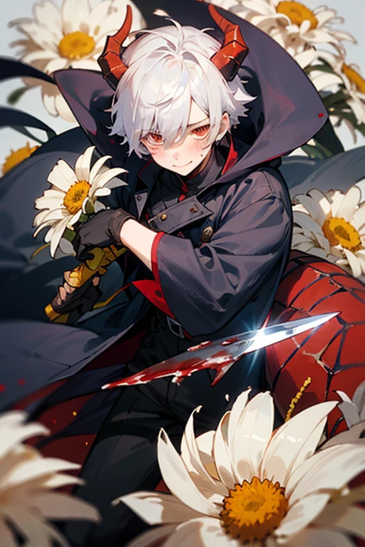 ((best quality)), ((masterpiece)), (detailed), the perfect face of anime boy, a demon, purple horns and tail, 17-year-old, cute, blush, short white hair, 6 ft tall, pale skin, red eyes, his left eye was covered by a piece of fabric, black detective outfit but actually an assassin, black gloves, blood, there's an ink monster with a lot of eyes in his long coat, carried a knife, innocent smile, emotionless eyes red spider lilies, white chrysanthemums, and other flowers that symbolize demons and hell.