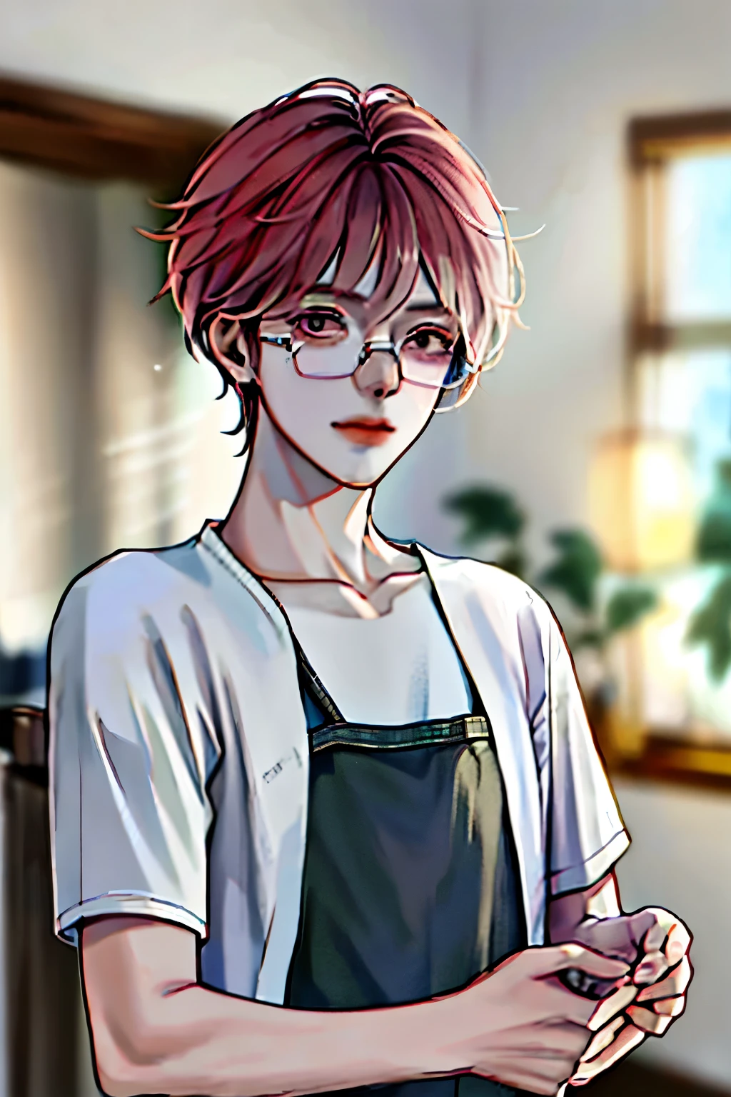 Anime boy with glasses, solo, high-res, best quality, masterpiece, (head:1.3), finely detailed features, sharp focus, cinematic lighting, indoor setting, soft lighting, straight-on, wearing glasses that frame his expressive eyes, casual attire such as a t-shirt and jeans, peaceful expression, hands folded in front of him, (eye detail:1.2), clothes detail, ultra-detailed CG Unity 8K wallpaper, large file size, hyper-realistic, cute and charming, (1 boy:1.3).