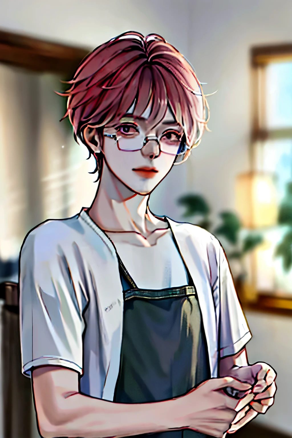 Anime boy with glasses, solo, high-res, best quality, masterpiece, (head:1.3), finely detailed features, sharp focus, cinematic lighting, indoor setting, soft lighting, straight-on, wearing glasses that frame his expressive eyes, casual attire such as a t-shirt and jeans, peaceful expression, hands folded in front of him, (eye detail:1.2), clothes detail, ultra-detailed CG Unity 8K wallpaper, large file size, hyper-realistic, cute and charming, (1 boy:1.3).