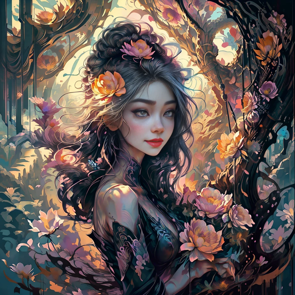 a woman standing on a cliff looking at a dragon with a long tail, dragon queen with beautiful high detail face, high details eyes lips mouth, fantasy art style, official art, unity 8k wallpaper, ultra detailed, beautiful and aesthetic, beautiful, masterpiece, best quality, (zentangle, mandala, tangle, entangle), (ecstasy of flower:1.2), dynamic angle, cowboyshot, the most beautiful form of chaos, elegant, a brutalist designed, vivid colours, romanticism, atmospheric, warm smile, bright eyes detailed eyes