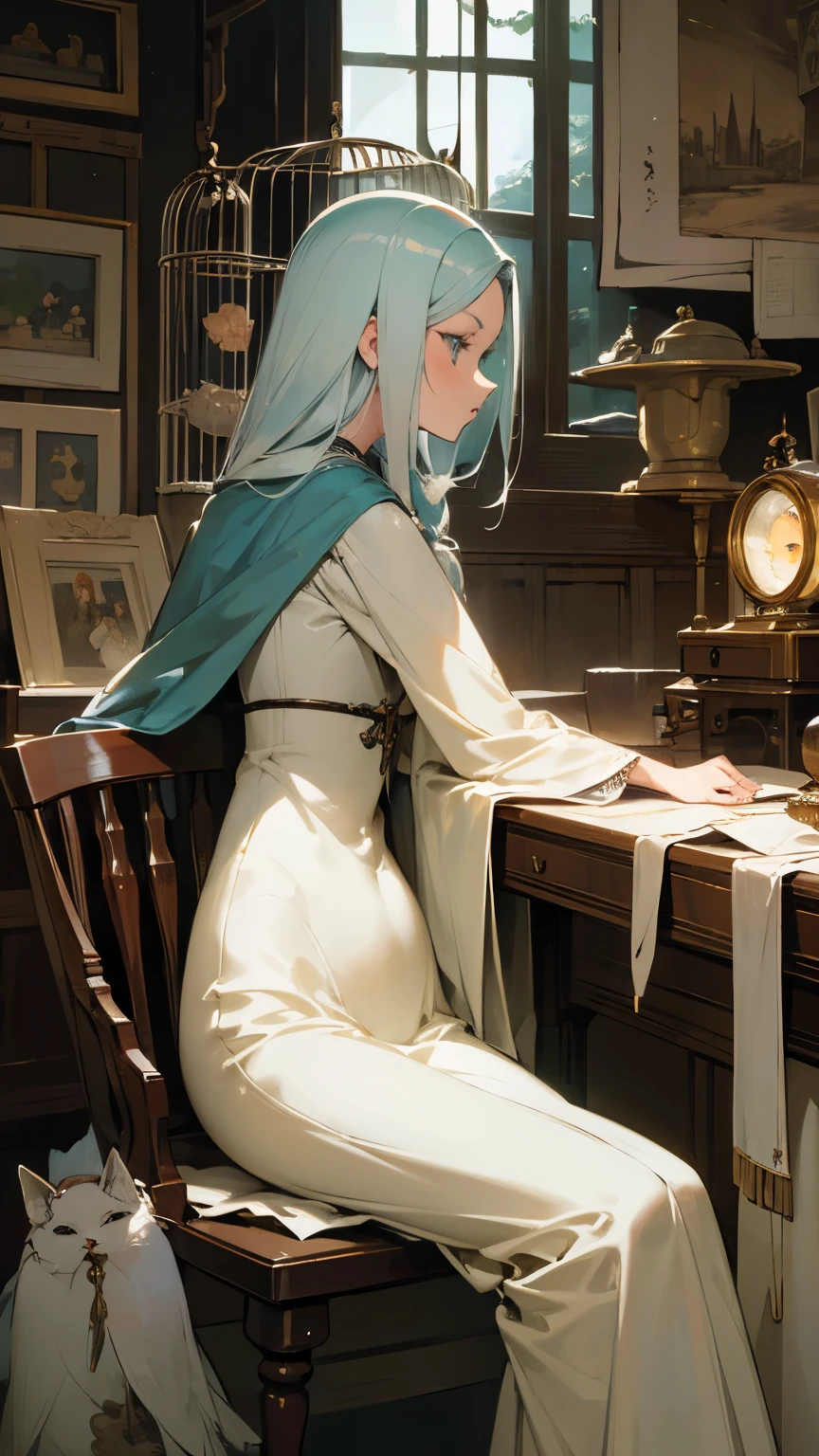 Franciska Clausen, Eileen Fox Vaughan, Mysterious Weird Surreal Fantastic Fantasy Sci-Fi, Japanese Anime, Birdcage Old Sewing Machine, Young Lady, perfect voluminous body, detailed masterpiece