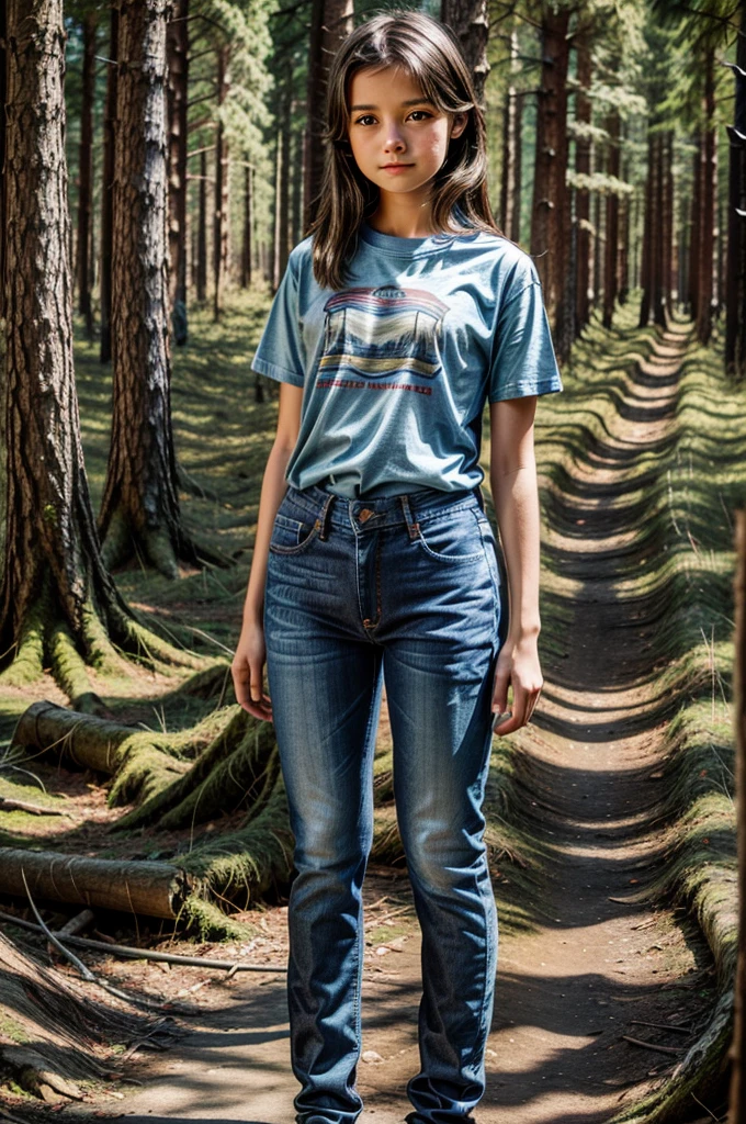 Realistic photo of  girl, t-shirt and jeans, standing, outdoors, forest