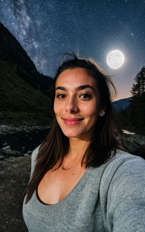 photograph, photo of beautiful woman, selfie, upper body, solo, wearing pullover, outdoors, (night), mountains, real life nature, stars, moon, cheerful, happy, no shirt, forest, rocks, river, wood, smoke, fog, looking at viewer, skin texture, photo grain, close up, RAW photo