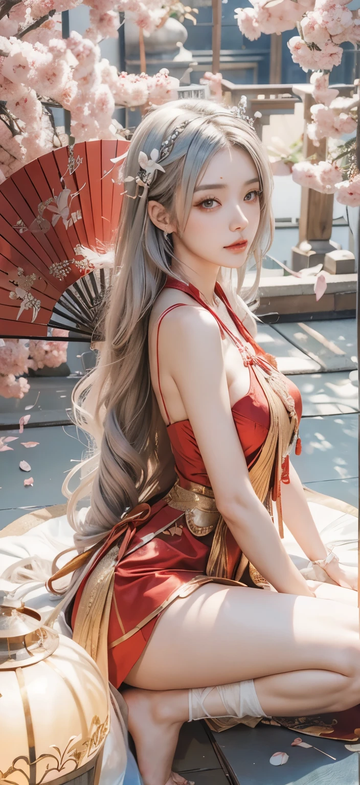 Girl in a red dress with a fan and a red dress, onmyoji, Onmyoji detailed art, trending on cgstation, azur lane style, beautiful attractive anime woman, on pixiv高評価, アートステーションon pixivトレンド入り, on pixiv, Trending on cgstation, japanese goddess, beautiful fantasy empress,silver hair,big breasts,face to face