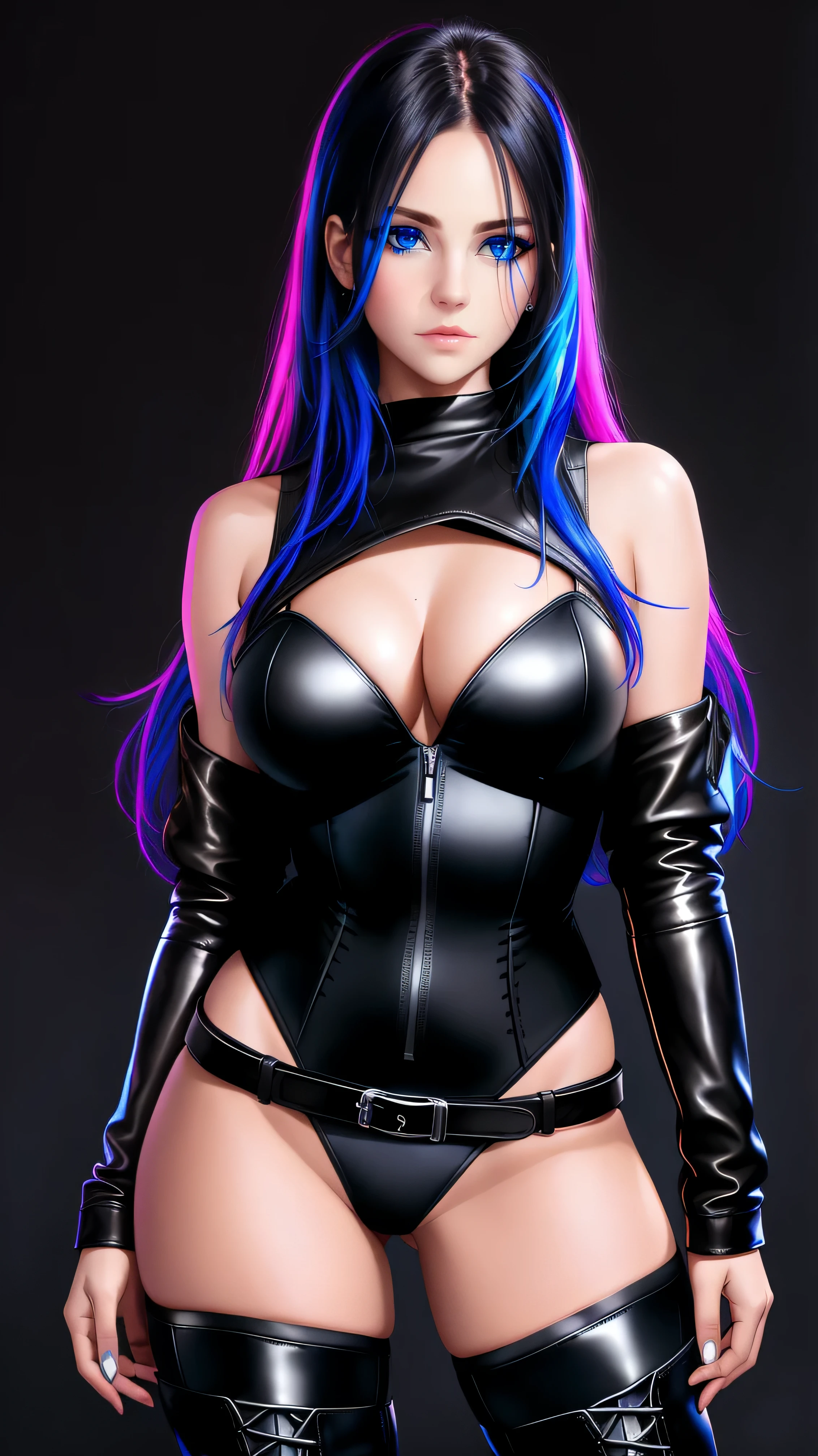 beautiful girl, full body, bright blue neon streaked dishevelled hair, ((large light realistic detailed eyes:1.3)), ((seductive pose:1.5)), black eyeshadow, (street style wear:1.2), ((tight fitted panties)), ((thigh high leather boots:1.3)), ((dark plain black background:1.4)), dark makeup, digital art, trending on artstation, highly detailed, fine detail, intricate, beautiful detailed glow, detailed, Cinematic light, high-res, detailed facial features, sharp focus, smooth, aesthetic,