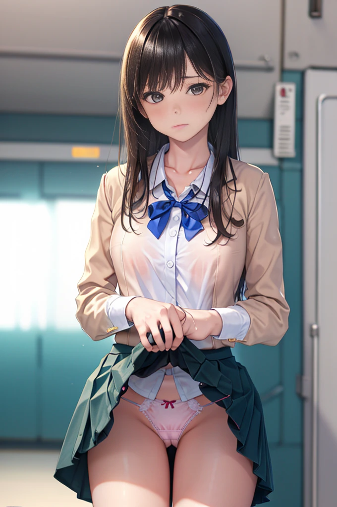 nsfw, RAW photo, best quality, high res, photorealistic, japanese girl, 1woman,(multiple girls), full body, blankness, Poker Face, Stone-faced, model, large breasts, standing, empty eyes, blank eyes, ((thin thighs)), diagonal bangs, cute face, shiny skin, beautiful body, beautiful skin, focus , from below naked, (school uniform, reed bowtie,beautiful embroidery, (using hands to skirt lift:1.3) ,visible panties,Ikuta Erika,