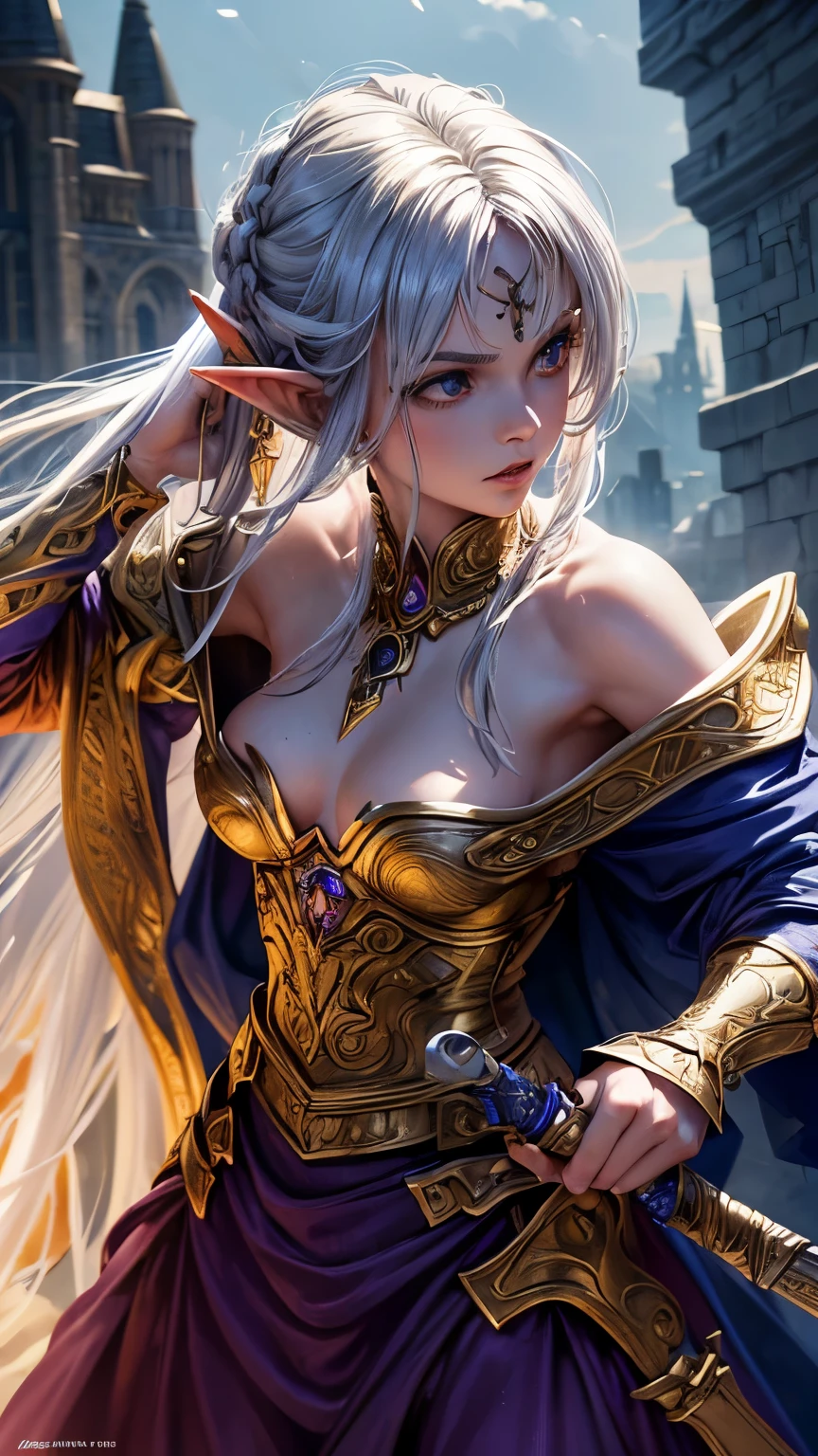 A photo of a female elf (intense details, masterpiece, Best quality: 1.5) Fantasy Swashbuckler, Fantasy fencer, Armed with a thin sword, Shiny sword, metallic shine, colorful clothing, Dynamic clothing, an Ultra wide shot, full body (intense details, masterpiece, Best quality: 1.5)Epic beautiful female elf (intense details, masterpiece, Best quality: 1.5), rich hair, braided hair, (((topless))), small pointed ears, Fantasy urban street (intense details, masterpiece, Best Quality: 1.5), Purple Cloak, Long Cloak (Intense Details, Masterpiece, Best Quality: 1.5), Sense of Boldness, Sense of Adventure, High Details, Best Quality, 8k, [Ultra Detailed], Masterpiece, Best quality, (extremely detailed), dynamic angle, Ultra wide shot, photorealistic, RAW, fantasy art, Do Not Disturb Art, fantasy art, realistic art