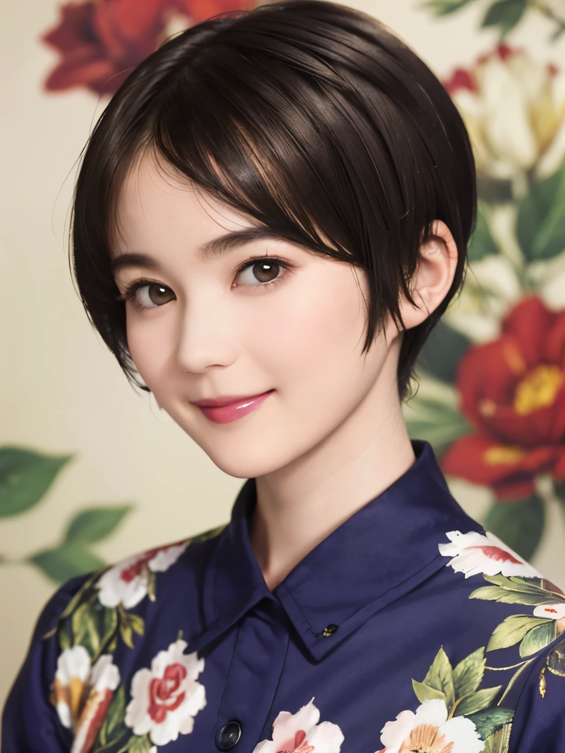 151
(20 year old woman,Floral clothing), (Super realistic), (high resolution), ((beautiful hairstyle 46)), ((short hair:1.46)), (gentle smile), (brest:1.1), (lipstick)
