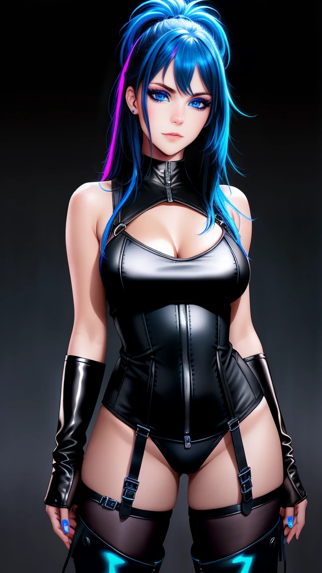 beautiful girl, full body, bright blue neon streaked dishevelled hair, ((large light realistic detailed eyes:1.3)), ((seductive pose:1.5)), black eyeshadow, (street style wear:1.2), ((tight fitted panties)), ((thigh high leather boots:1.3)), ((dark plain black background:1.4)), dark makeup, digital art, trending on artstation, highly detailed, fine detail, intricate, beautiful detailed glow, detailed, Cinematic light, high-res, detailed facial features, sharp focus, smooth, aesthetic,