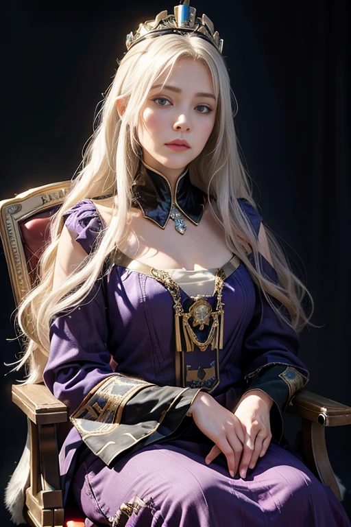 (front focus),(in the empire :1.6), Hyperrealist portrait of female by david hockney and alphonse mucha,fantasy art, photo realistic, dynamic lighting, artstation, poster, volumetric lighting, very detailed faces, 4 k, award winning,, 1girl, in the dark, deep shadow, portrait of empress (official clothing:1.4) ,long hair,white hair, sit in the throne , crown 