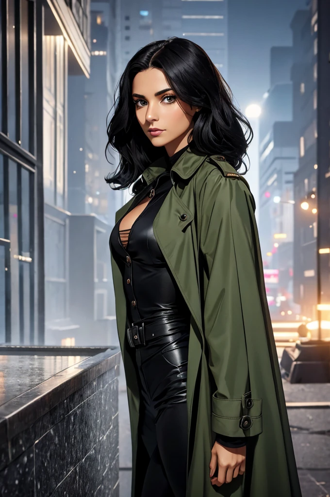 female, black coat, black closed buttoned-up black trench coat from the 1930's style, 5 foot 5 inches tall, slim body build, waist-length wavy brunette black hair, bright green eyes, 28 age, ethnicity india, ethnicity middle eastern.