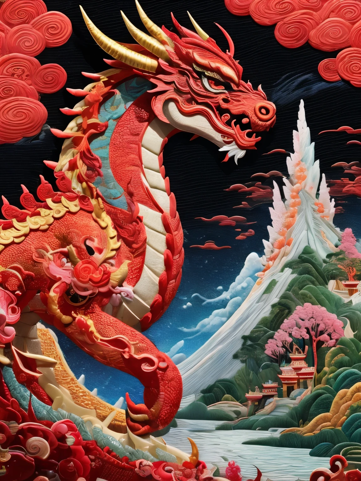 (Year of the Dragon mascot:1.3),Mountain and Sea Sutra,big dragon,腾云驾雾,Detailed dragon scales,celebrate New Year,Complete claws,Chinese style,Colorful auspicious clouds,CNY,Red tones,splendid,luxury,Embroidery style,Celebrating the Year of the Dragon,Hasselblad camera, hyper – realistic, Intricate fine details, UHD, HDRI,masterpiece,8K,high detailed,