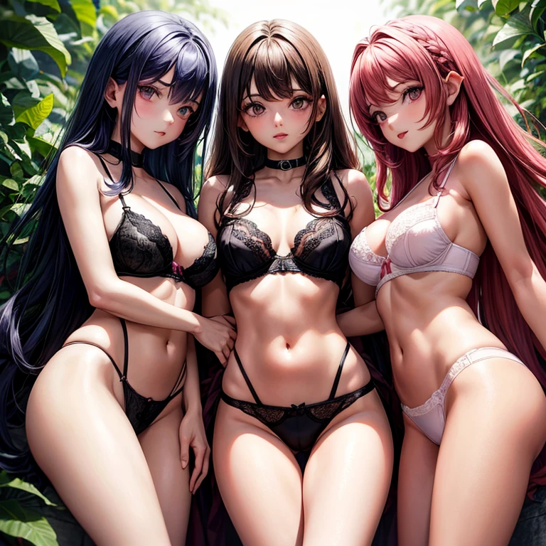 tres elfas muy hermosas, una es de piel canela, tiene cabello largo color morado con degrades a rosado, otra es pelirroja y la otra es negra de cabello liso color crema. They are dressed only in panties and bra. Las 3 chicas se besan