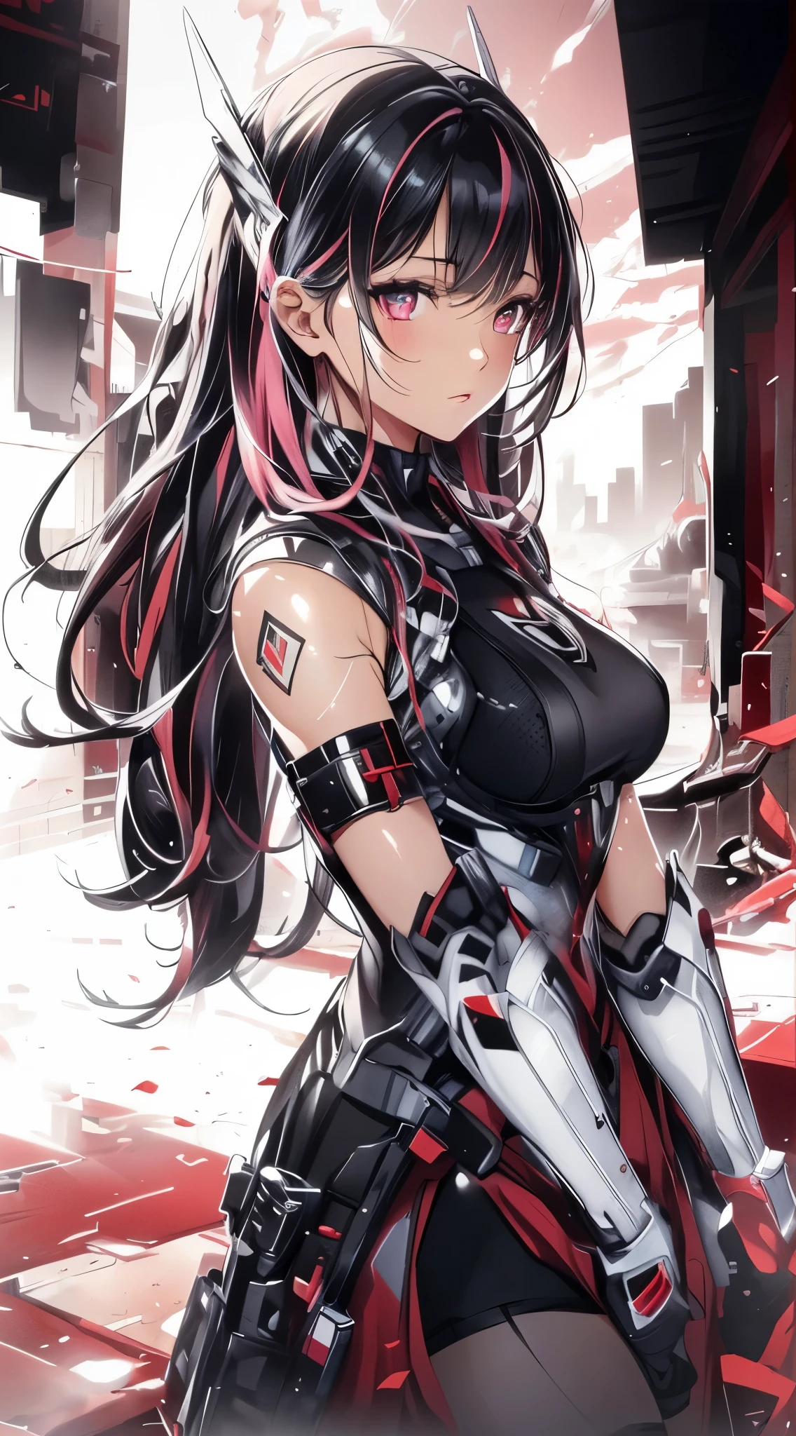 realistic, Beautiful detailed girl, clear and beautiful, Personage as the main perspective, shiny_skin, girl,woman,female, young,25 years old, (medium hair), bangs, (Top knot:1.3), sidelocks, black hair, (beautiful detailed Glass hair), pink streaked hair,beautiful detailed cold face, cold expression, complex details beautiful and delicate eyes, fingernails, medium_breasts, , red eyes, Authentic skin texture, gleaming skin,(racing bloomers:1.3),bloom,(line art:1.2),realistic illustration,(unreal engine),(GoPro),(insanely detailed),perfect shading,(digital art),(ray tracing),(intricate detailed),creative refinement,(dark atmosphere)