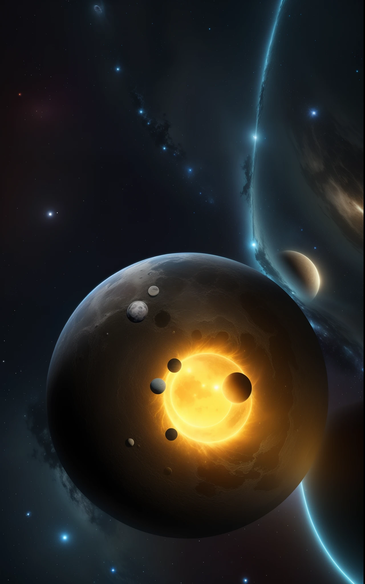 there is a large object that is in the middle of the space, planets colliding, destroyed planet, two planets colliding, exploding planet in background, surreal nuclear eclipse blast, big disc of planet, apocalyptic spherical explosion, the moon crashes into the earth, asteroid belt, planet with rings, background artwork, asteroids realistic cinematic, amazing wallpaper, planets crashing