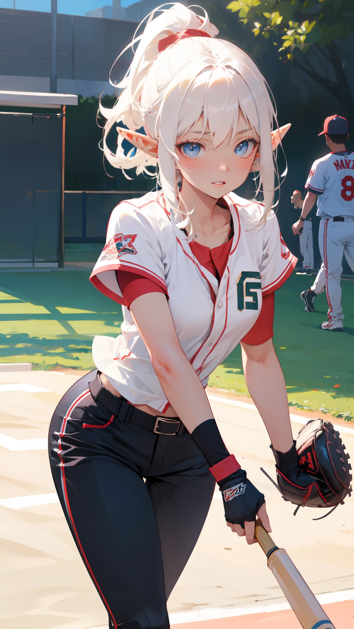 ((masterpiece)), (top quality), (best quality), ((ultra-detailed, 8k quality)), Aesthetics, Cinematic lighting, pastel colors, cute colors, Pop colors, blured, color core, Soft, vibrant color, ((pastel)), (clear line art), absurdres, (best composition), (high-resolution), (depth of field:1.2), 
BREAK,
(1elf girl:1.5), adult, cleavage, (delicate facial features:1.3), (extremely detailed fine touch:1.3),
BREAK,
baseball, female, (base stealer :1.3), baseball field, 
BREAK,
base stealer, sliding, (glove:1.2), second baseman, confident expression, determined expression, impatient expression, joyful smile, 
BREAK,
(detailed:1.4), baseball field, base, glove, (baseball uniforms, long pants:1.2),
BREAK,
tense mood, speedy mood, dramatic mood, 
BREAK,
wide-angle lens, low angle, motion blur, contrast,
BREAK,
highly detailed of (elf), (1girl), solo, perfect face, details eye, ahoge, ponytail, white shining hair, (forehead), medium hair, [[floating hair]], blue eyes, shining eyes, (beautiful detailed eyelashes, eyeshadow, pink eyeshadow), Concept art by Mikimoto Haruhiko, by Kawacy, By Yoshitaka Amano,
BREAK, 
((perfect anatomy)), (perfect body), Abs, (medium breast), perfect hands, perfect face, beautiful face, beautiful eyes, perfect eyes, (perfect fingers, deatailed fingers), correct anatomy, perfect legs, skinny, 