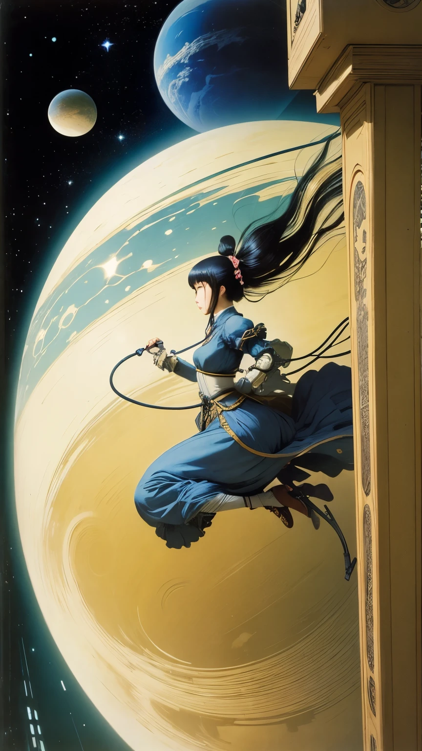 John Bauer, Naoyuki Kato, Mysterious, strange, surreal, bizarre, fantasy, Sci-fi, Japanese anime, girls playing with jump rope, perfect voluminous body, space station, detailed masterpiece perspectives angles
