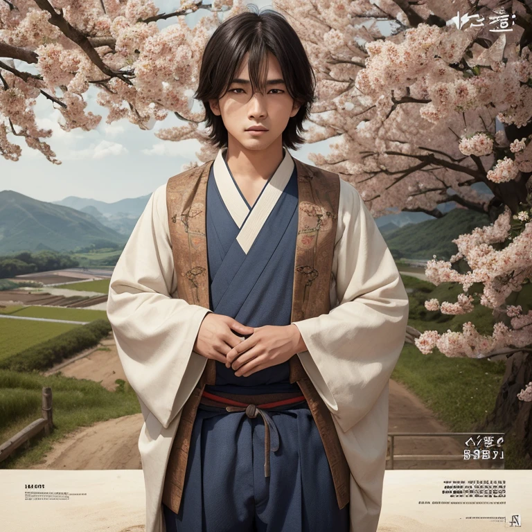High resolution, Super detailed, masterpiece, highest quality,oriental、boy、ancient japanese peasant clothes、alone、game poster、pants、fields、