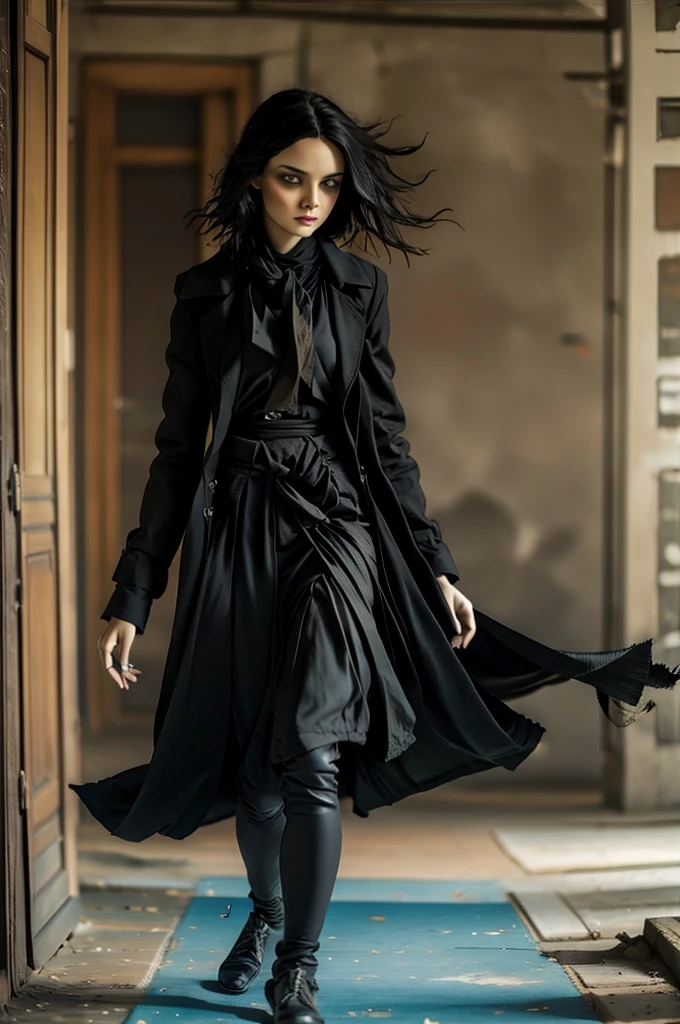 female, black coat, black closed buttoned-up black trench coat from the 1930's style, 5 foot 5 inches tall, slim body build, waist-length wavy brunette black hair, bright green eyes, 28 age, ethnicity india, ethnicity middle eastern.