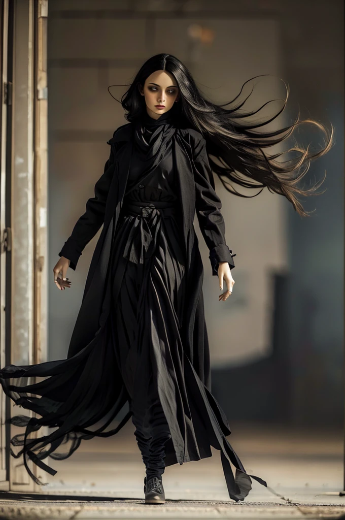 female, black coat, black closed buttoned-up black trench coat from the 1930's style, 5 foot 5 inches tall, slim body build, waist-length wavy brunette black hair, bright green eyes, 28 age, ethnicity india, ethnicity middle eastern.