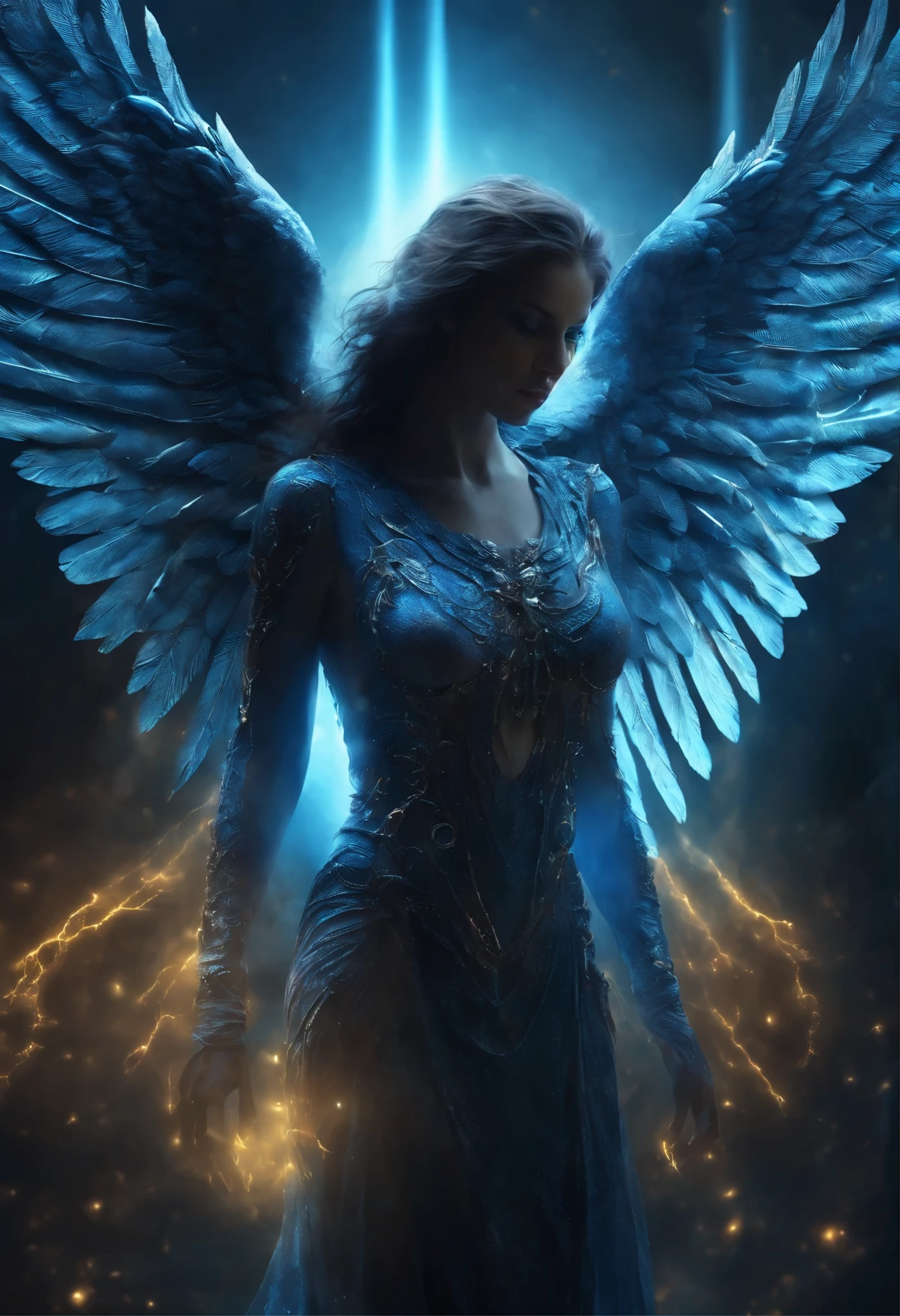 Cosmic Fallen Angel, glowing light eyes, Biomechanical, eerie, Creepy, nightmarish, Very bright colors, blue color dominant, heavenly environment, Light particles, with light glowing, Mshiff, wallpaper art, UHD wallpaper, CCTV CAMERA FACE