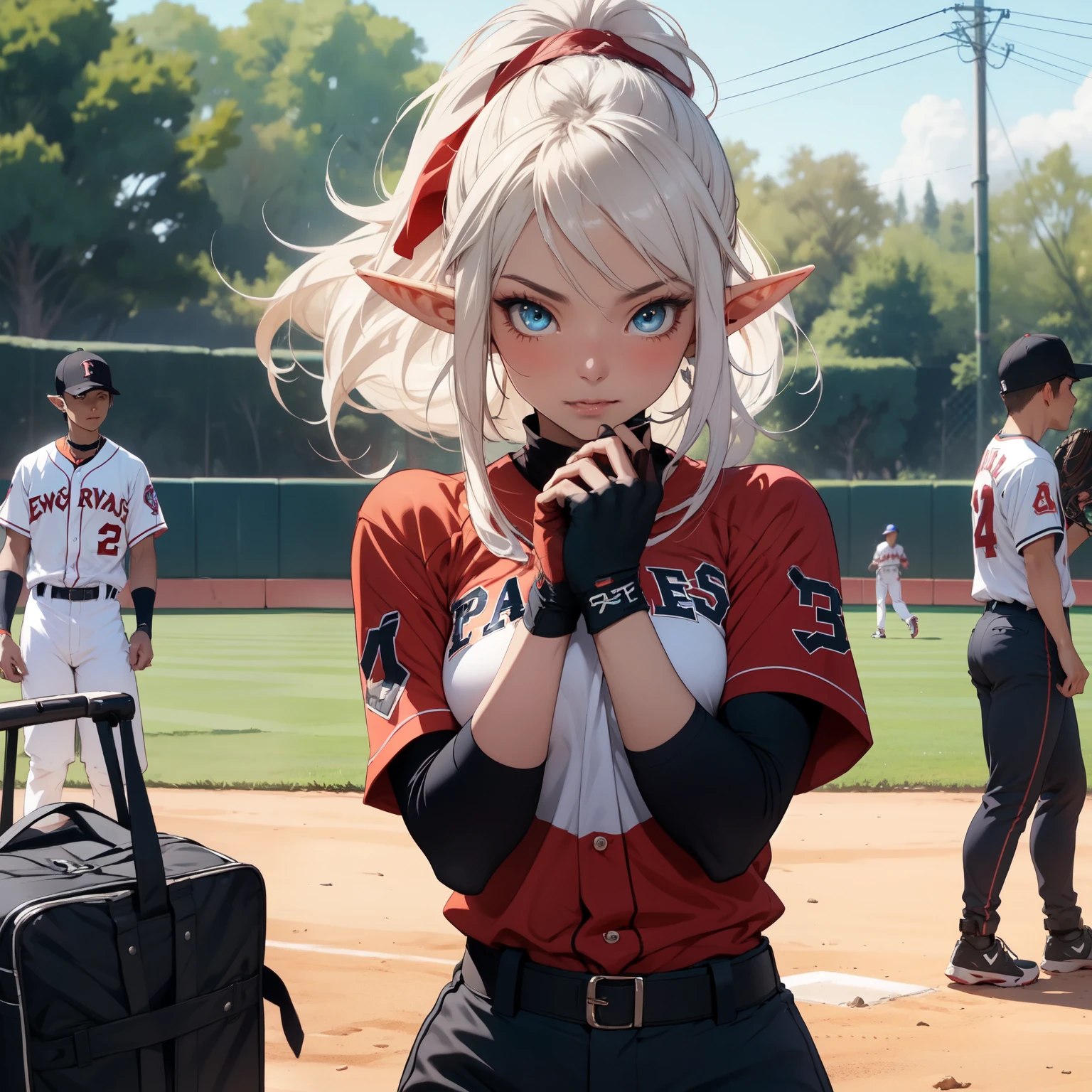 ((masterpiece)), (top quality), (best quality), ((ultra-detailed, 8k quality)), Aesthetics, Cinematic lighting, pastel colors, cute colors, Pop colors, blured, color core, Soft, vibrant color, ((pastel)), (clear line art), absurdres, (best composition), (high-resolution), (depth of field:1.2), 
BREAK,
(1elf girl:1.5), adult, cleavage, (delicate facial features:1.3), (extremely detailed fine touch:1.3),
BREAK,
baseball, female, (base stealer :1.3), baseball field, 
BREAK,
base stealer, sliding, (glove:1.2), second baseman, confident expression, determined expression, impatient expression, joyful smile, 
BREAK,
(detailed:1.4), baseball field, base, glove, (baseball uniforms, long pants:1.2),
BREAK,
tense mood, speedy mood, dramatic mood, 
BREAK,
wide-angle lens, low angle, motion blur, contrast,
BREAK,
highly detailed of (elf), (1girl), solo, perfect face, details eye, ahoge, ponytail, white shining hair, (forehead), medium hair, [[floating hair]], blue eyes, shining eyes, (beautiful detailed eyelashes, eyeshadow, pink eyeshadow), Concept art by Mikimoto Haruhiko, by Kawacy, By Yoshitaka Amano,
BREAK, 
((perfect anatomy)), (perfect body), Abs, (medium breast), perfect hands, perfect face, beautiful face, beautiful eyes, perfect eyes, (perfect fingers, deatailed fingers), correct anatomy, perfect legs, skinny, 