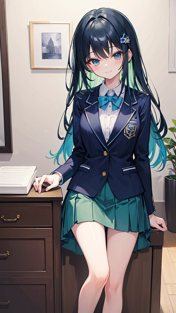 ((masterpiece))、(highest quality)、very detailed、Draw a thin shadow、one girl、Highly rated on pixiv、uniform、blazer、cute、See here、blue archive style、black hair、long hair、Green hair ornament、inside the room、smile、smile、Childish、close your eyes
