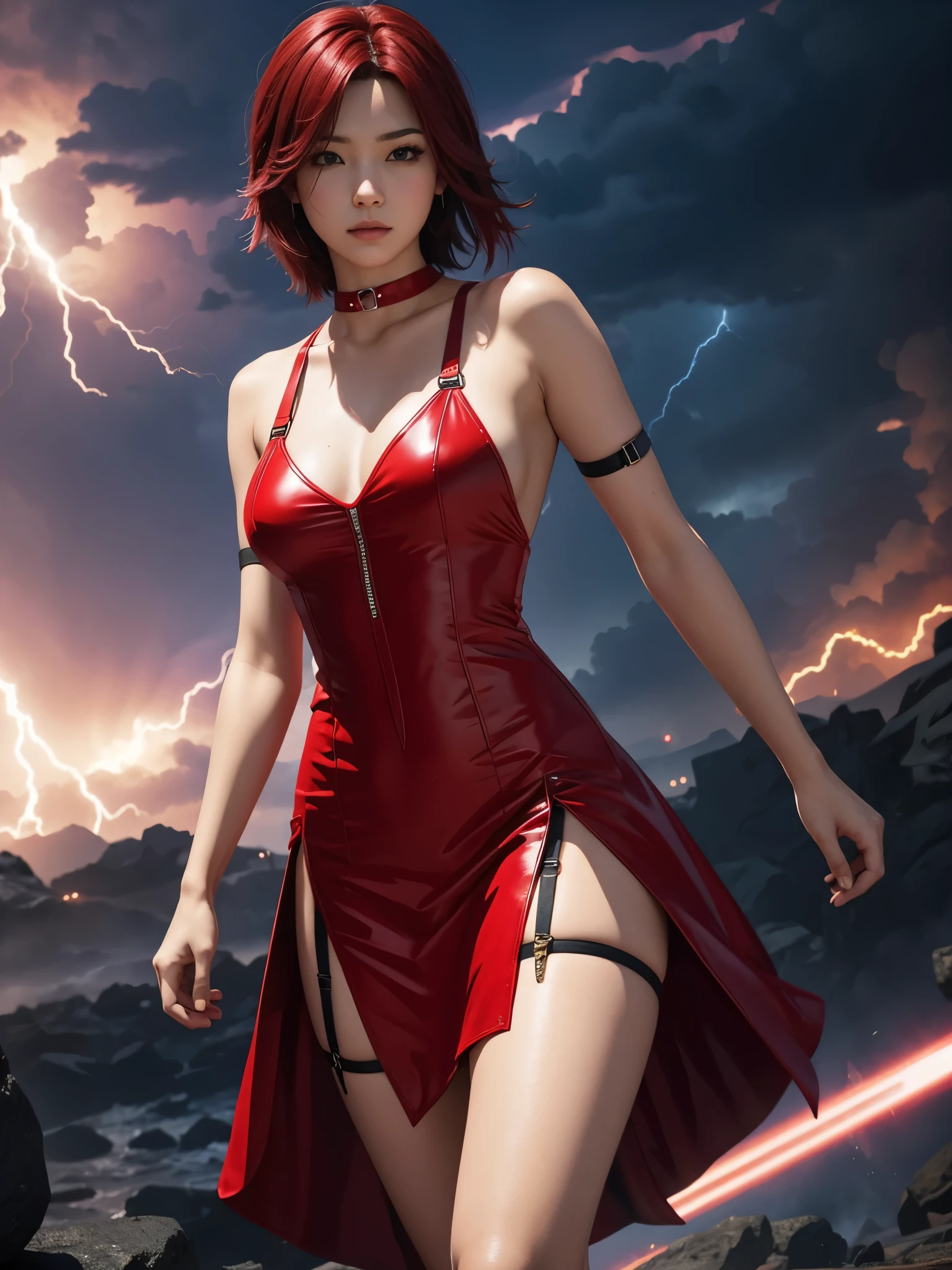 Thunder light in Final Fantasy,whole body,Red suspender dress