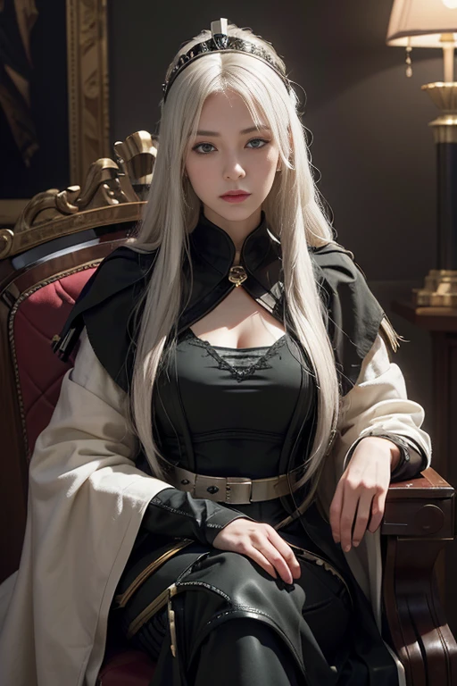 (front focus),(in the empire :1.6), Hyperrealist portrait of female in the western style ,fantasy art, photo realistic, dynamic lighting, artstation, poster, volumetric lighting, very detailed faces, 4 k, award winning,, 1girl, in the dark, deep shadow, portrait of empress (official clothing:1.4) ,long hair,white hair, sit in the throne , crown, luxury dressed