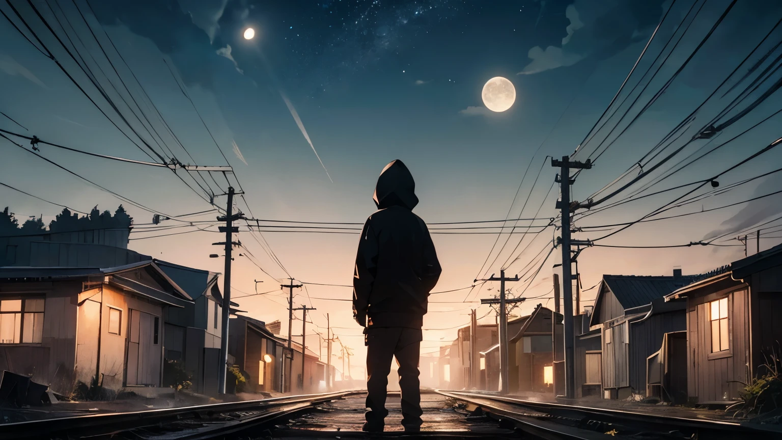 A boy standing in front of a railroad crossing, wearing a black hood, is looking up and the moon can be seen in the distant sky of the city at night.