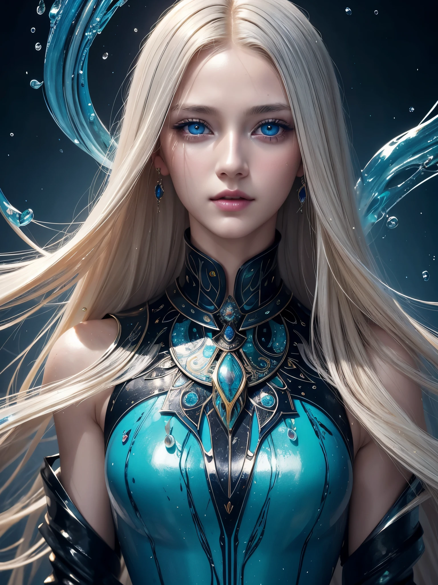 Beautiful blonde supermodel woman, A lock of hair with slight highlights, blue gray eyes, mixed media, wet paint, Jewel beetle, Colorful background, Liquid color flows across her face, Photographed by Zhang Jingna. - At 6 o'clock