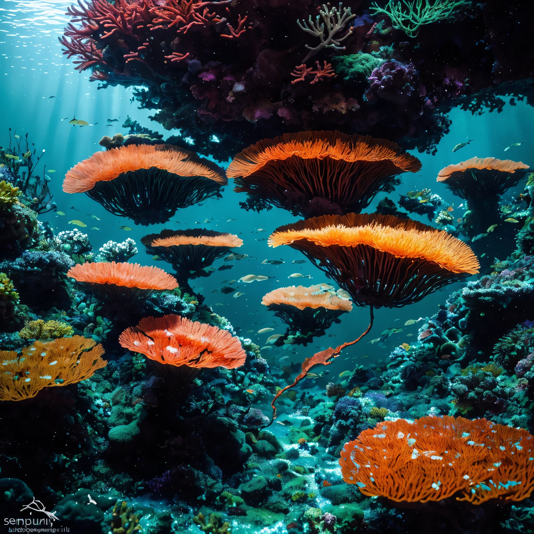 (best quality,4k,8k,highres,masterpiece:1.2),ultra-detailed,(realistic,photorealistic,photo-realistic:1.37),deep underwater, so deep no sunlight reaches, perpetual night, undersea forest,leprous corals,dimly lit,rainbow colored,faintly bioluminescent kelps,creepy creatures,shadows,outlines,forest depths,shimmering water,vibrant colors,organic shapes,mysterious atmosphere,secluded,silent,coexistence,dense foliage,translucent corals,swaying movements,ethereal beauty,subtle glow,undulating plants,hidden treasures,seaweeds,living organisms,biological diversity,marine life,tranquil,enchanted,unseen world,surreal,otherworldly,magical,predatory lurking,elusive,haunting presence