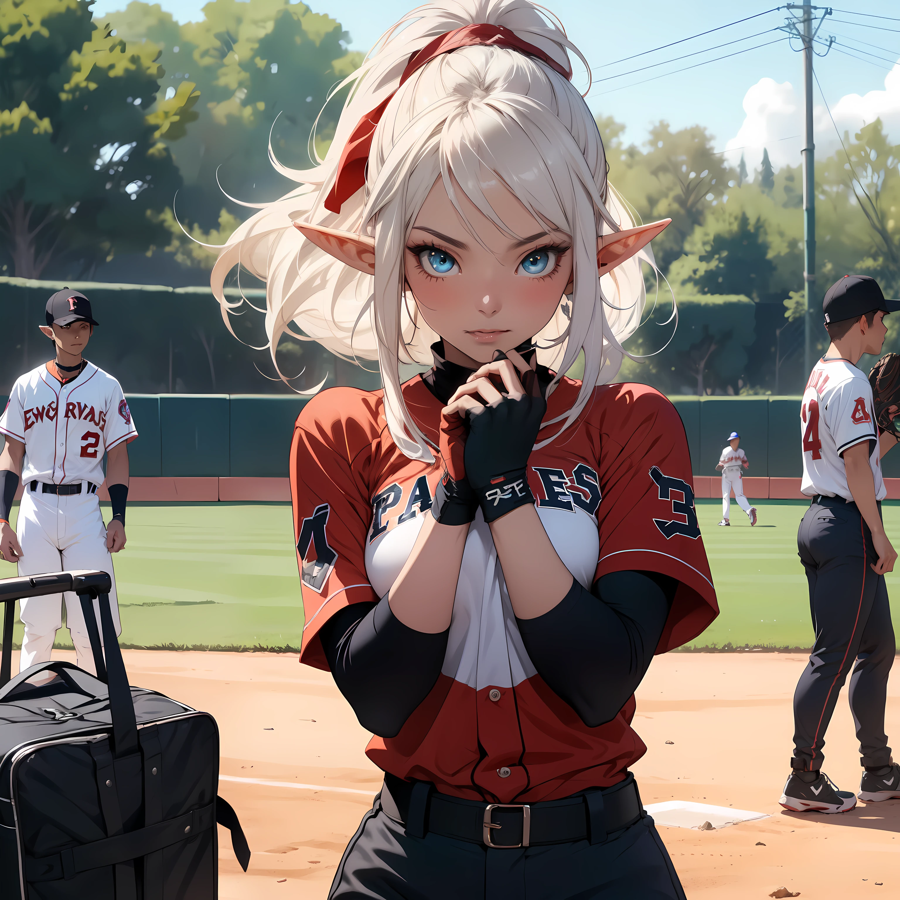 ((masterpiece)), (top quality), (best quality), ((ultra-detailed, 8k quality)), Aesthetics, Cinematic lighting, pastel colors, cute colors, Pop colors, blured, color core, Soft, vibrant color, ((pastel)), (clear line art), absurdres, (best composition), (high-resolution), (depth of field:1.2), 
BREAK,
(1elf girl:1.5), adult, cleavage, (delicate facial features:1.3), (extremely detailed fine touch:1.3),
BREAK,
baseball, female, (base stealer :1.3), baseball field, 
BREAK,
base stealer, sliding, (glove:1.2), second baseman, confident expression, determined expression, impatient expression, joyful smile, 
BREAK,
(detailed:1.4), baseball field, base, glove, (baseball uniforms, long pants:1.2),
BREAK,
tense mood, speedy mood, dramatic mood, 
BREAK,
wide-angle lens, low angle, motion blur, contrast,
BREAK,
highly detailed of (elf), (1girl), solo, perfect face, details eye, ahoge, ponytail, white shining hair, (forehead), medium hair, [[floating hair]], blue eyes, shining eyes, (beautiful detailed eyelashes, eyeshadow, pink eyeshadow), Concept art by Mikimoto Haruhiko, by Kawacy, By Yoshitaka Amano,
BREAK, 
((perfect anatomy)), (perfect body), Abs, (medium breast), perfect hands, perfect face, beautiful face, beautiful eyes, perfect eyes, (perfect fingers, deatailed fingers), correct anatomy, perfect legs, skinny, 