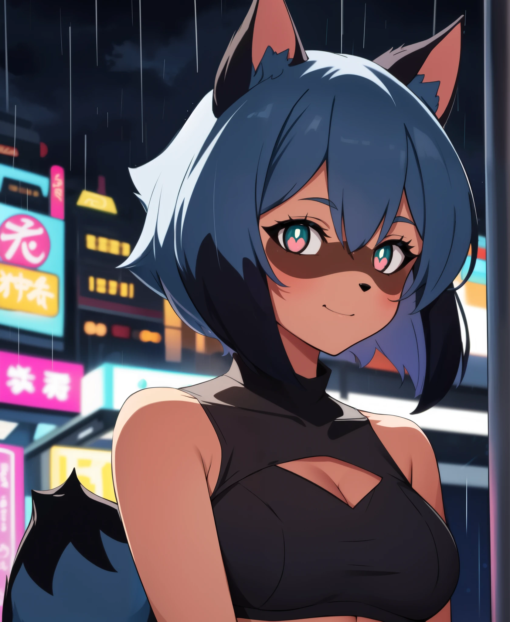 1 girl, raccoon girl, solo, furry,furry female, michiru_kagemori, blue hair,short hair, multicolored eyes, animal nose,triangle shaped nose, animal ears, (tail), (bushy tail:0.7), two tone skin, brown colored hands, masterpiece, best quality, happy, looking at viewer, city, raining, neon lights, clouds, night, detailed eyes