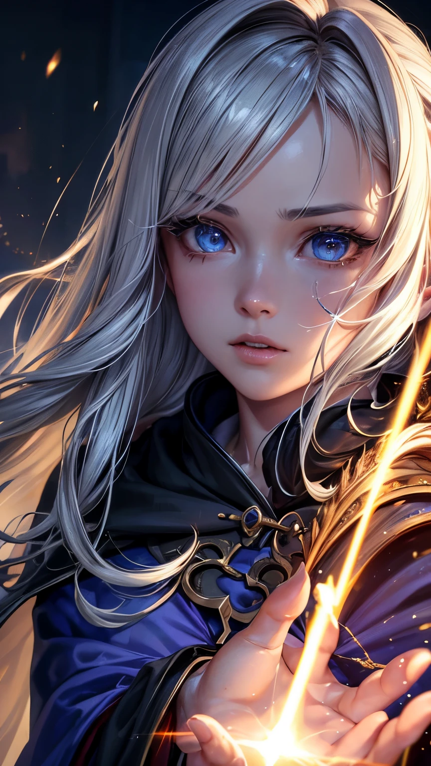 skin teeth:1.5), Realistic, photorealistic, (masterpiece:1.5), concept art, intricate details, highly detailed, photorealistic, octane rendering, 8k, Unreal Engine, dynamic pose, Best quality, high resolution, (face-realistic :1.1), (Hyper realistic:1.1), ((close-up face)), perfect eyes, (shiny skin:1.2), (((Hairstyle))), (((perfect hands))), (extremely detailed), ((Dynamic background)), ((lighting)), (rays of light), ((1 girl, Wizard)), Wizard, Cloak of clothing, (((flowing cloak))), ((detailed eyes , high quality eyes, high quality face)), (extremely intricate robes, robe magic), wavy hair, casting lighting, electricity, swirling fire, radiant power, sparks, Power magic, smoking, magic, ((Dramatic) ), epic, battlefield, depth of field, bokeh, 4k, gothic, human, particles, cityscape