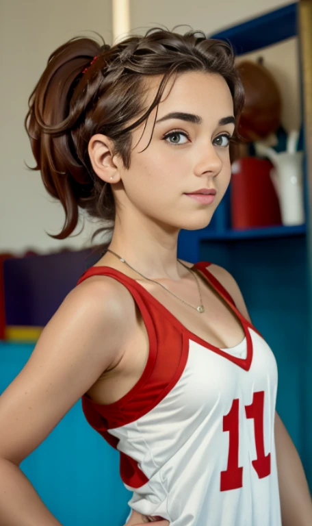 Photo of a 14 year-old american girl, .RAW, beautiful teenage girl, (Long brown hair with ponytail), light brown hair ponytail hairstyle((retrato)), ((Cara detallada:1.2)), ((Detailed facial features)), (Piel finamente detallada)  , (Masutepiece) (proporciones perfectaotos realistas)(La mejor calidad) (Detallado) fotografiado con una EOS R5 de Canon, Lente de 50 mm, f/2.8, NffSW, (8k) (papel tapiz) (cinematic lighting) (Dramatic lighting) (sharp focus) (Enrevesado) senos medianos , pechos medianos , muchas pecas en mejillas y nariz , pecas en pecho, cuerpo completo , hermoso cuerpo de muje adolesente,  lindo maquillaje , gran sonrisa  , mujer delgada escultural , ropa de base ball , uniforme de base ball , foto de cuerpo completo