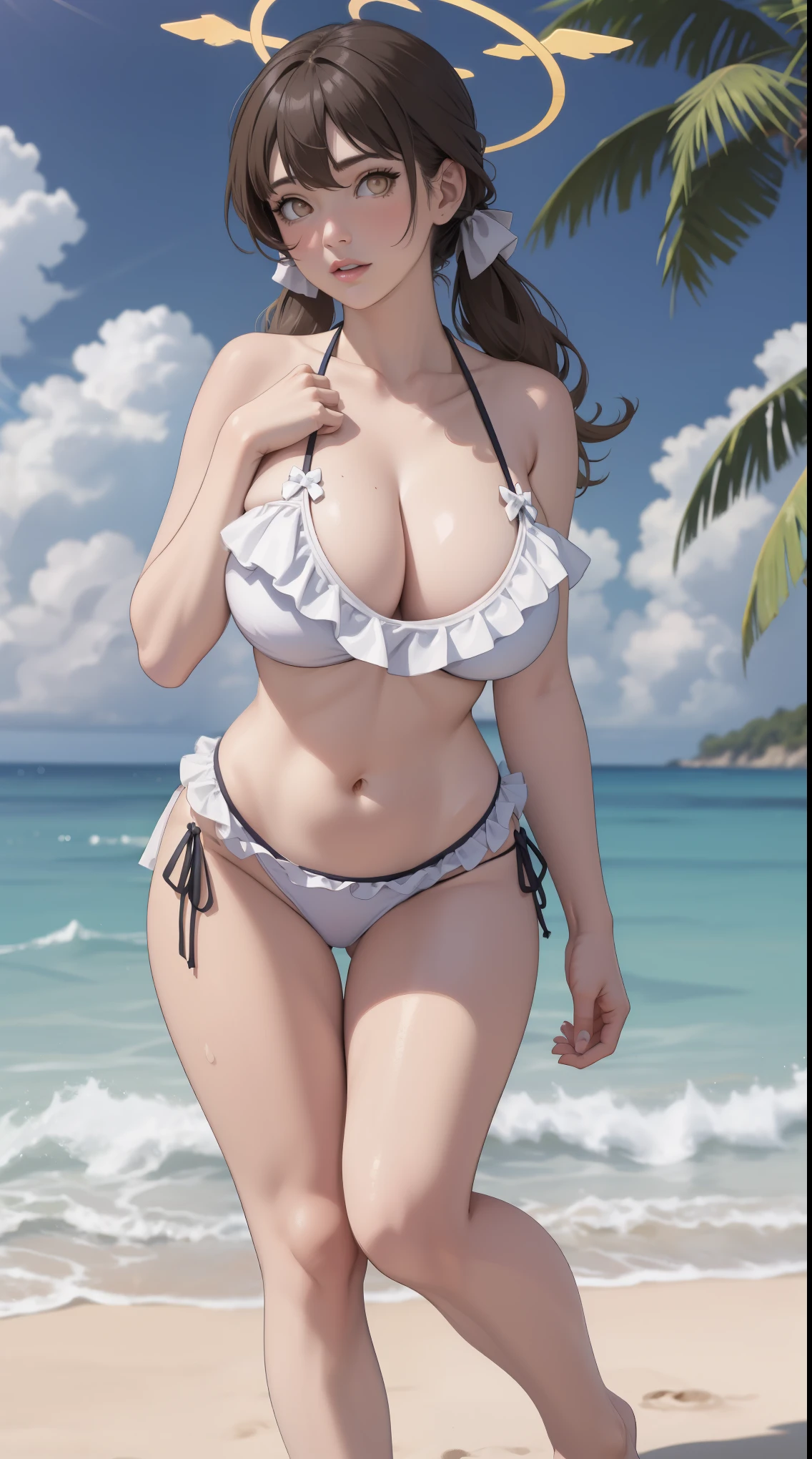 girl, solo, full body, from head to toe, standing, (Huge_Breasts:1.3), beautiful body, perfect body, nice body,

hifumi, brown hair, hair between eyes, hair bow, hair ribbon, halo, long hair, low twintails, sidelocks, twintails, wing hair ornament, (brown eyes:1.5), bikini, collarbone, eyewear on head, frilled bikini, frills, navel, side-tie bikini bottom, sunglasses, swimsuit, white bikini,