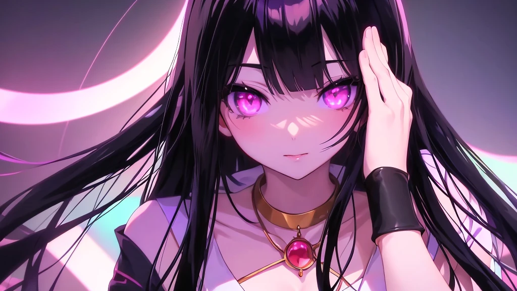 anime girl with long black hair and pink eyes holding her hands to her face, an anime girl, Download contents, anime atmosphere, Nightcore, anime lover, anime girl, high quality anime art style, anime art style, anime style 4k, anime moe art style, Cute girl anime visual, anime style only, anime style portrait, (anime girl)