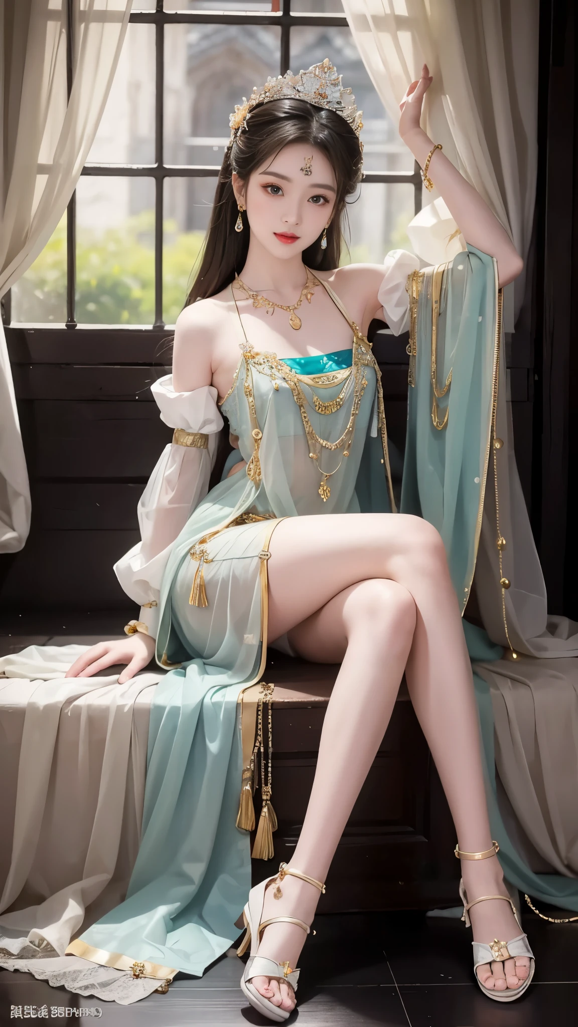 Sweet girl clothes10,korean dress,, ((knee shot)), arapefee, looking at camera, wear high heel shoes,Put on the crown,necklace,Smile,Shoot at random angles,beside a window, in the castle, transparency,(extra large ,1.5),Exposing cleavage,Turn around and look at the camera,masterpiece,flawless,transparency,Empty inspiration,More details and decoration,Showing thighs,Sexy slender legs, 8k,(Wear decorations such as rings,1.9),white skin,Ornate ornament,a girl,(anatomically correct,PremiumQuality, high detail, masterpiece)