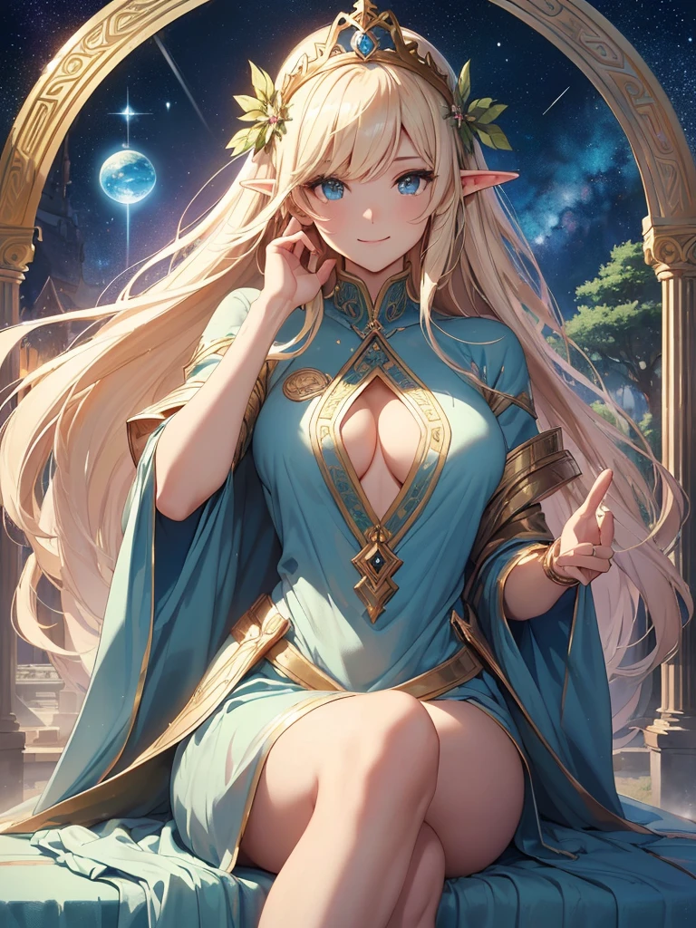 highest quality、Highest image quality、masterpiece、Super beautiful elf beauty from behind((22 years old OL big bust、bust 90,beautiful long ironed hair、blonde、globe、、slender、Close-up、Esbian、beautiful tiara、High quality、beautiful art、background((starry ski)))muste piece、visual art、Depth of bounds written、beautiful starry sky、、elf ears、、magic of light、space knight、harp melody🎵、A happy smile、gentle light、、Beautiful legs that are gentle on the skin、、、Number of fingers to achieve precise finger movements、ticker beautiful decorative、elegant、mystical rosa、 heaven、marble columns, beautiful dressy、blue dress、giant galaxy、temple of time、great watch、hourglass、sundial、moment of creation!myth、alphonse mucha art、art nouveau、ancient greece、Rome、byzantine art、gold foil、Raphael's paintings、renaissance art、Lord of the Ring、sexy、friendly smile、fairy forest、Summer Forest、massive trees、many branches and leaves