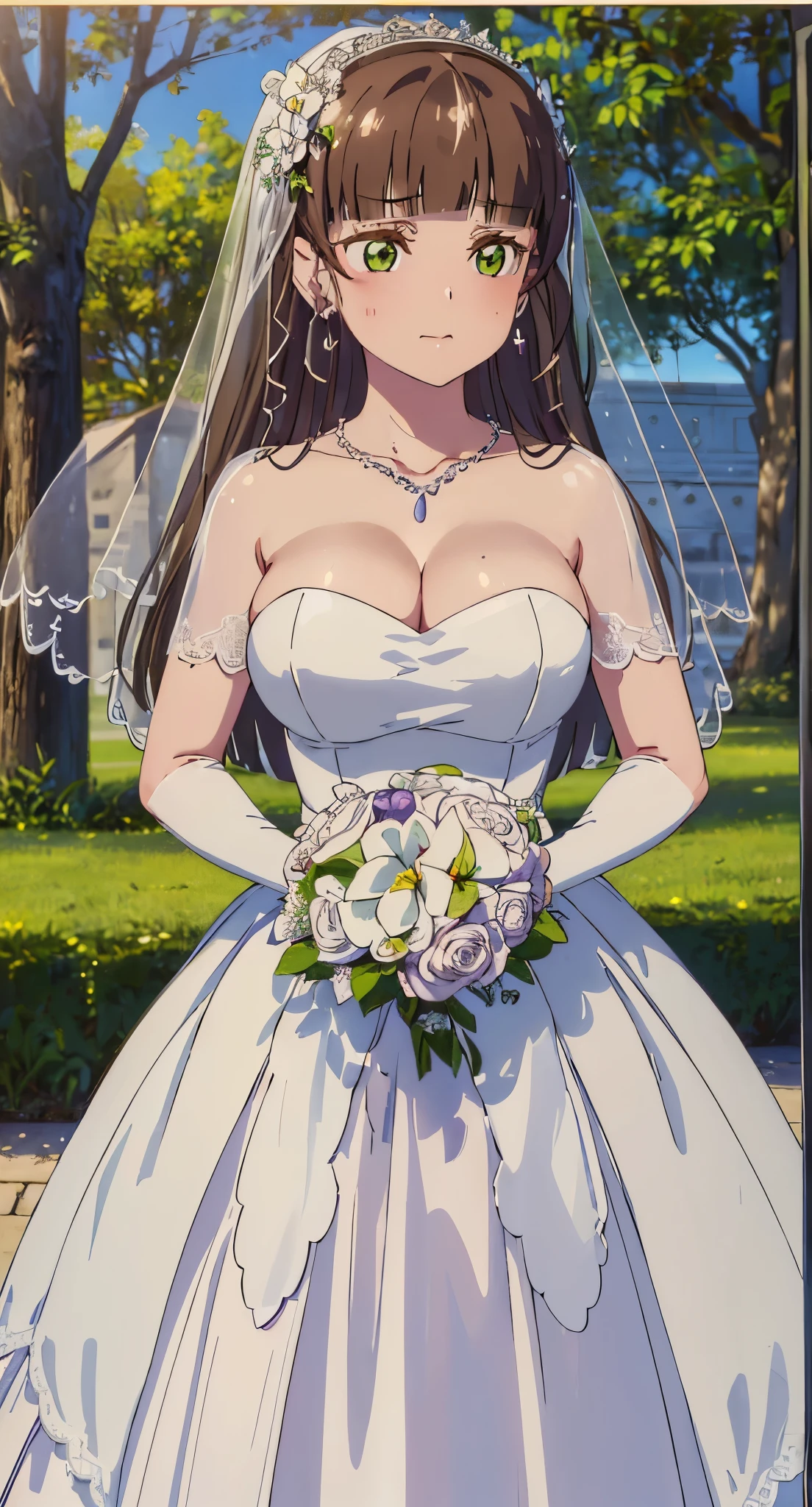 (((Pixel perfect, Perfect details))), alone, 1 girl, pansy henna,  Close-up of beautiful bride wearing beautiful wedding dress,Gurwitz,(bridal veil:1.5），（Transparent short veil：1.5），Blushing face，Head flower，headgear，（tube top wedding dress：1.5），（Silk dress：1.2）,（Strapless wedding dress：1.5）,pure white dress，necklace，earrings，(large breasts:1.3)，Deep V peach heart collar wedding dress，Bangs，lipstick，（lace gloves：1.3）,whole body照,High detail RAW color art,Long white dress，whole body，Place your hands behind your back，