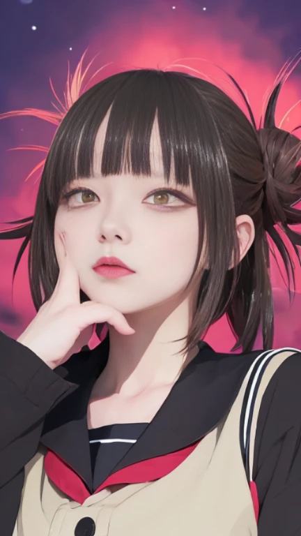 anime girl with long black hair and pink eyes holding her hands to her face, an anime girl, Download contents, anime atmosphere, Nightcore, anime lover, anime girl, high quality anime art style, anime art style, anime style 4k, anime moe art style, Cute girl anime visual, anime style only, anime style portrait, (anime girl)