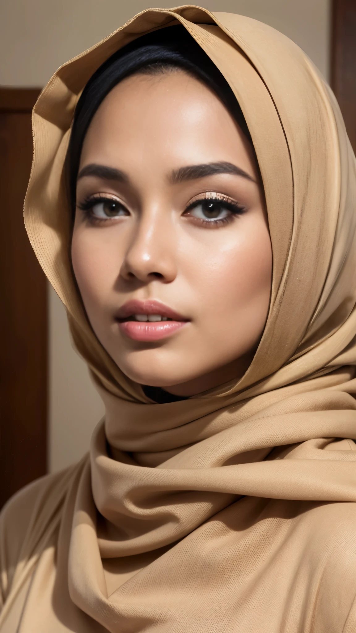 RAW, Best quality, high resolution, masterpiece: 1.3), beautiful Malay woman in hijab,Masterpiece, perfect fit body, big breast, biggorgeous eyes, Soft smile,thick thighs,close up of a woman wearing brown dress, hijab, headshot profile picture, portait photo profile picture, high quality portrait, close up potrait, white hijab, beautiful image, malaysian beauty,beautiful face, girl portrait glent lighting, Bright colors, Clean lines