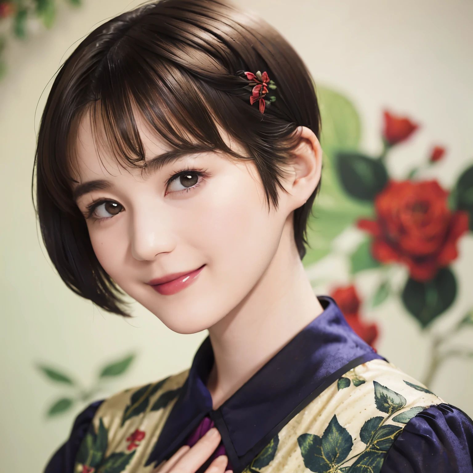 151
(20 year old woman,Floral clothing), (Super realistic), (high resolution), ((beautiful hairstyle 46)), ((short hair:1.46)), (gentle smile), (brest:1.1), (lipstick)
